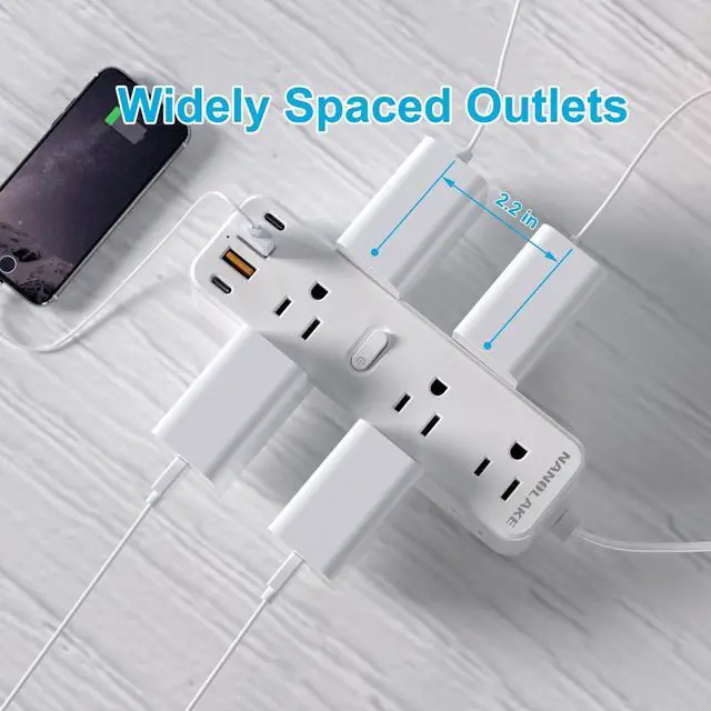Alt view image 6 of 7 - Power Strip Surge Protector, Extension Cord with Multiple outlets, 4 USB Ports, 3 Sides 9 Widely Spaced Outlet Extender with 6 Ft Flat Extension Cord, Wall Mount, 2100J PD20W for Indoor, Travel