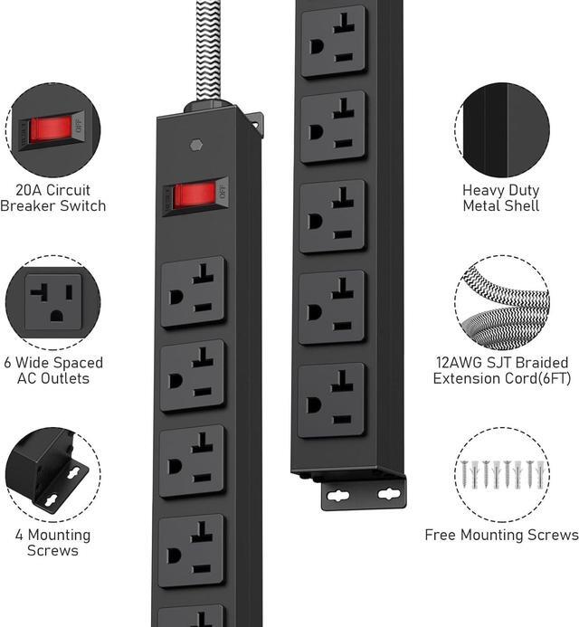 Alt view image 2 of 7 - HEZI 20 Amp Power Strip with 5-20P/T- Plug, Heavy Duty High Amp Metal Surge Protector, Mountable Industrial Power Strip with 6AC Outlets(5-20R) and Circuit Breaker, 6FT 12AWG Extension Cord