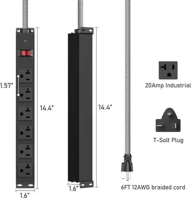 Alt view image 7 of 7 - HEZI 20 Amp Power Strip with 5-20P/T- Plug, Heavy Duty High Amp Metal Surge Protector, Mountable Industrial Power Strip with 6AC Outlets(5-20R) and Circuit Breaker, 6FT 12AWG Extension Cord