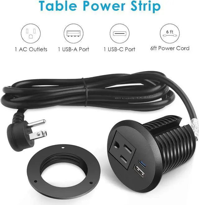 Alt view image 2 of 7 - Desktop Power Grommet, 2 inch, USB C PD 20W Fast Charging Station, Desk Hole Outlet (1, 6 FT Cable)