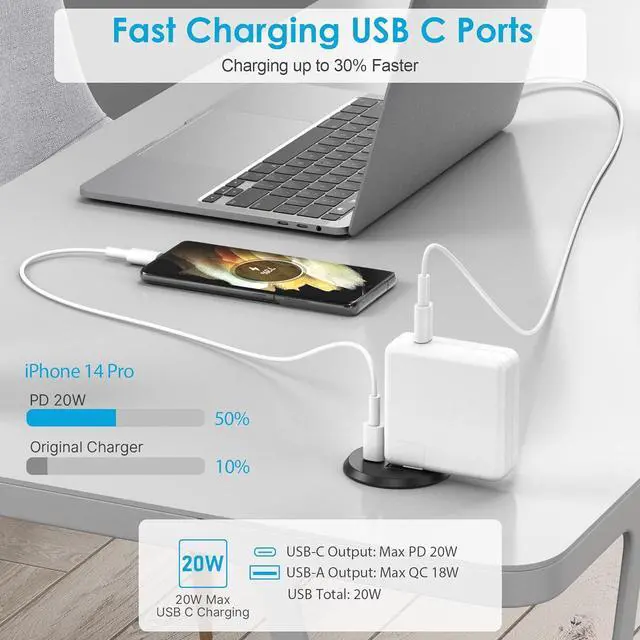 Alt view image 4 of 7 - Desktop Power Grommet, 2 inch, USB C PD 20W Fast Charging Station, Desk Hole Outlet (1, 6 FT Cable)