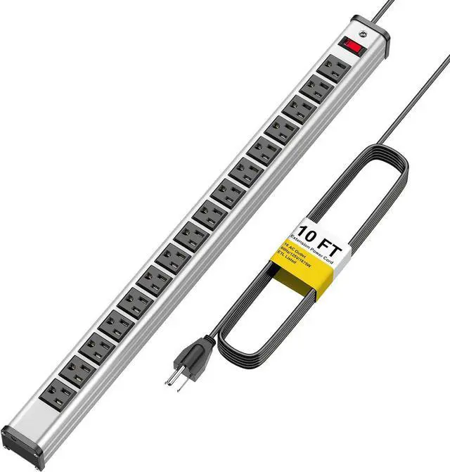 Main image of Long Surge Protector Power Strip,16 Outlet Heavy Duty Power Strip Metal Power Bar,10 FT Long Extension Cord with Circuit Breaker for Garage,Workshop,Industrial(125V/1875W, ETL Listed)