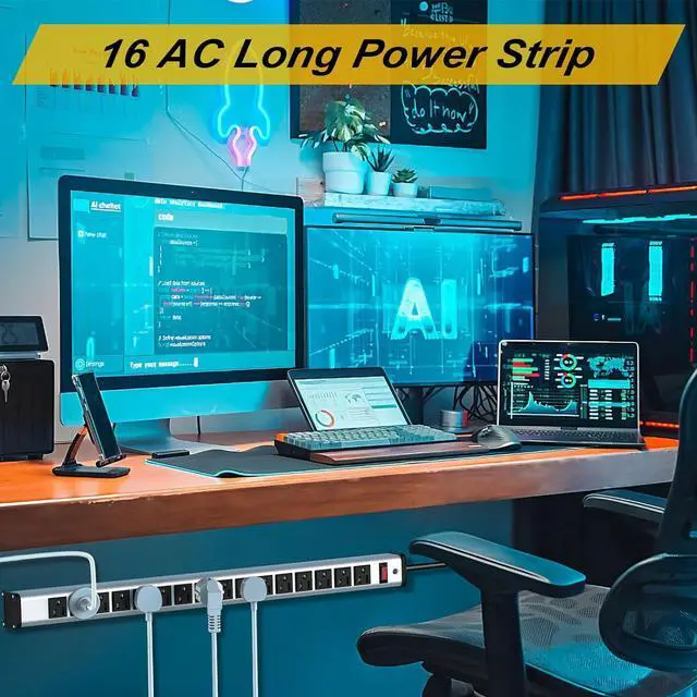Alt view image 2 of 7 - Long Surge Protector Power Strip,16 Outlet Heavy Duty Power Strip Metal Power Bar,10 FT Long Extension Cord with Circuit Breaker for Garage,Workshop,Industrial(125V/1875W, ETL Listed)