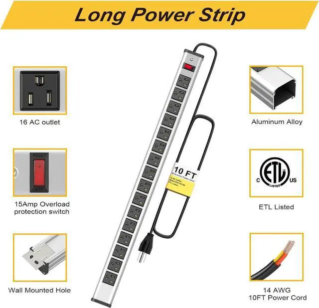 Alt view image 5 of 7 - Long Surge Protector Power Strip,16 Outlet Heavy Duty Power Strip Metal Power Bar,10 FT Long Extension Cord with Circuit Breaker for Garage,Workshop,Industrial(125V/1875W, ETL Listed)