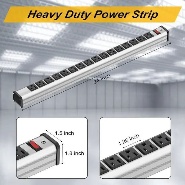 Alt view image 6 of 7 - Long Surge Protector Power Strip,16 Outlet Heavy Duty Power Strip Metal Power Bar,10 FT Long Extension Cord with Circuit Breaker for Garage,Workshop,Industrial(125V/1875W, ETL Listed)