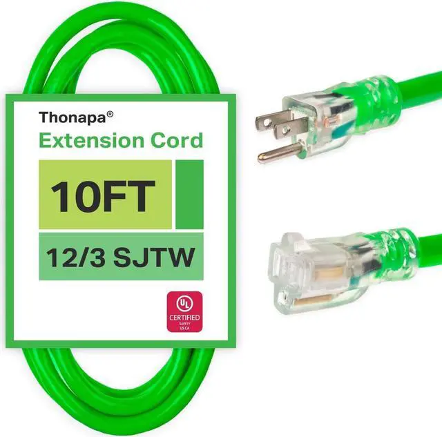 Main image of 12 Gauge Extension Cord 10 ft for Outdoor - 12/3 Heavy Duty Extension Cord 10 Foot 3 Prong Grounded Plug 15 Amp, Neon Green High Visibility Electric Cable Great for Major Appliances