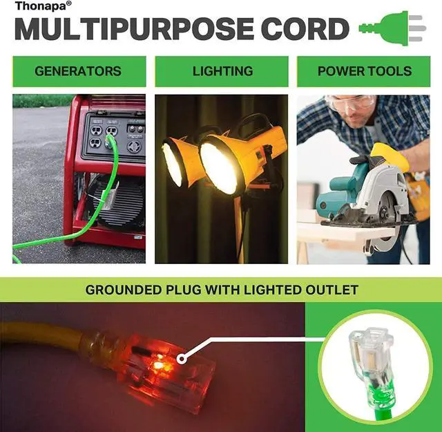 Alt view image 4 of 5 - 12 Gauge Extension Cord 10 ft for Outdoor - 12/3 Heavy Duty Extension Cord 10 Foot 3 Prong Grounded Plug 15 Amp, Neon Green High Visibility Electric Cable Great for Major Appliances