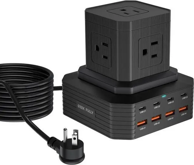 Main image of Charging Station (100W), 13-in-1 USB C Power Strip with Surge Protection, 6.6Ft Extension Cord, 4 USB C and 4 USB A Ports, 5 AC Outlets for Home Office Dorm Room