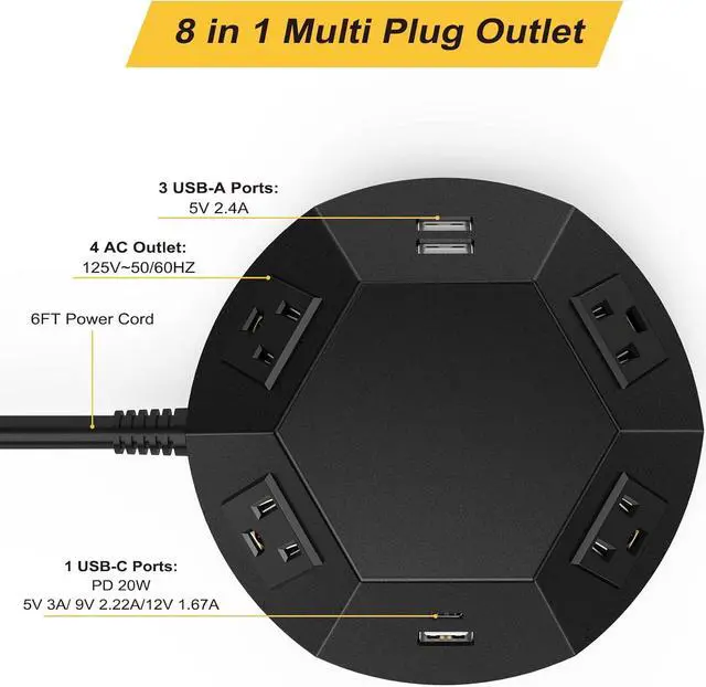 Alt view image 6 of 7 - Power Strip Tower with PD 20W USB C Ports, Surge Protector with 4 Outlet and 4 USB Ports, 6.56 FT Extension Cord Power Tower Charging Station for Desk, Home Office, Living Room, Bedroom