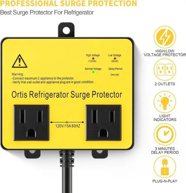 Alt view image 2 of 7 - Refrigerator Surge Protector, Ortis Double Outlet Voltage Protector for Home Appliances with Time Delay, Protects Against Brownout, Spike, Instant Surge All Voltage Abnormalities, Yellow