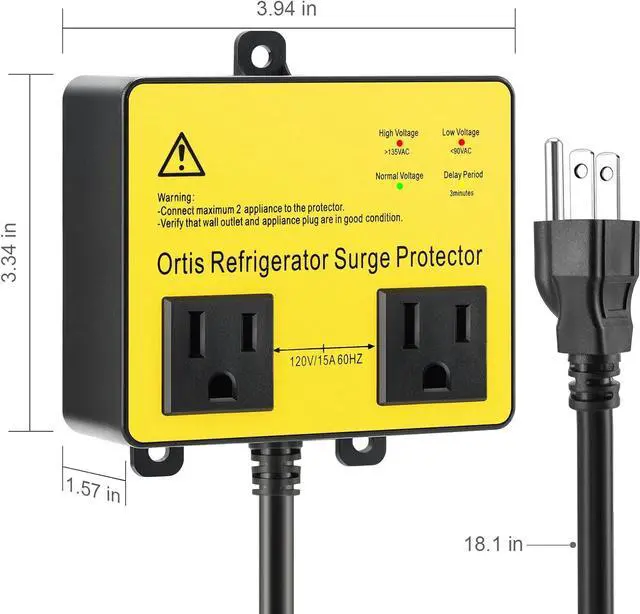 Alt view image 6 of 7 - Refrigerator Surge Protector, Ortis Double Outlet Voltage Protector for Home Appliances with Time Delay, Protects Against Brownout, Spike, Instant Surge All Voltage Abnormalities, Yellow
