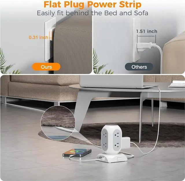 Alt view image 2 of 6 - TESSAN Surge Protector Power Strip Tower, Flat Plug Extension Cord 10 Ft with 8 AC Multiple Outlets 4 USB Ports (1 USB C), 1050J Protection Desk Charging Station for Home, Office Supplies, Dorm Room