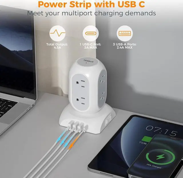 Alt view image 3 of 6 - TESSAN Surge Protector Power Strip Tower, Flat Plug Extension Cord 10 Ft with 8 AC Multiple Outlets 4 USB Ports (1 USB C), 1050J Protection Desk Charging Station for Home, Office Supplies, Dorm Room