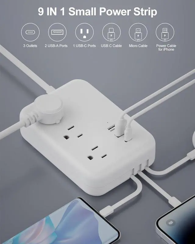 Alt view image 6 of 7 - 6 Ft Extension Cord Flat Plug Power Strip - 3 Outlets 3 USB Ports with 3 Built in Cables, Outlet Extender with 6 Feet Extension Cord, Flat Plug, Desk USB Charging Station, ETL,White