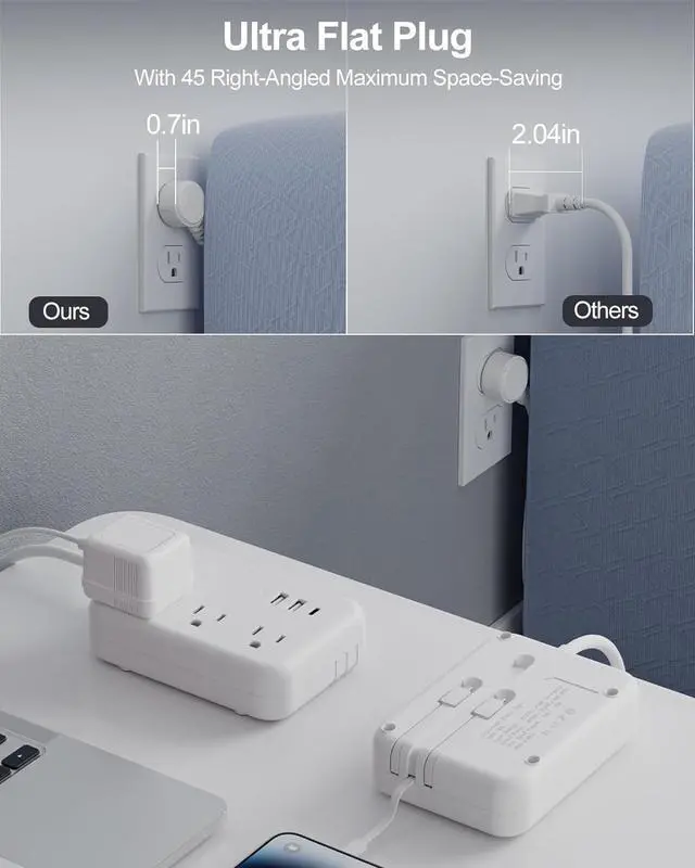 Alt view image 5 of 7 - 6 Ft Extension Cord Flat Plug Power Strip - 3 Outlets 3 USB Ports with 3 Built in Cables, Outlet Extender with 6 Feet Extension Cord, Flat Plug, Desk USB Charging Station, ETL,White