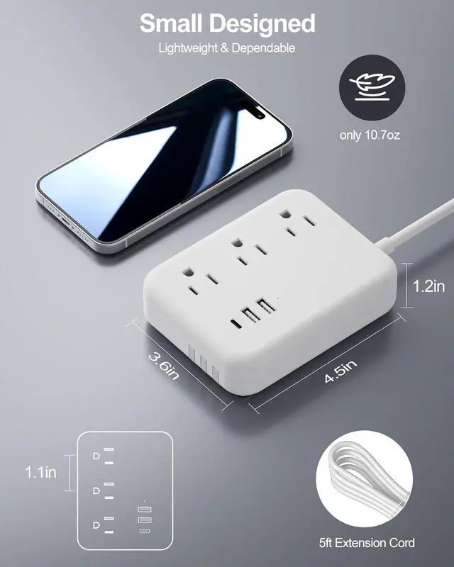 Alt view image 7 of 7 - 6 Ft Extension Cord Flat Plug Power Strip - 3 Outlets 3 USB Ports with 3 Built in Cables, Outlet Extender with 6 Feet Extension Cord, Flat Plug, Desk USB Charging Station, ETL,White