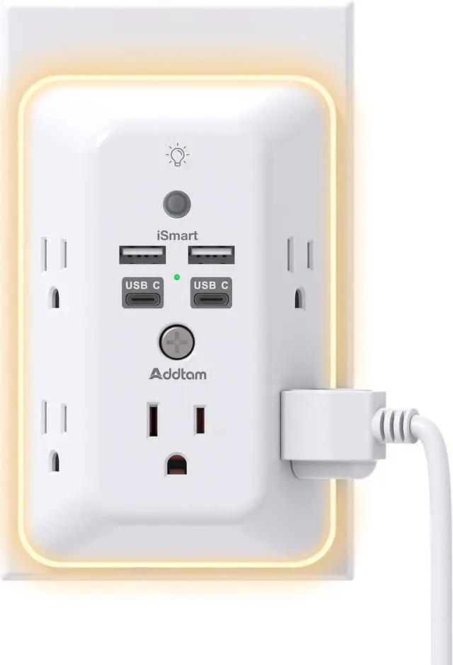 Main image of Surge Protector, Outlet Extender with Night Light, Addtam 5-Outlet Splitter and 4 USB Ports(2 USB C), USB Wall Charger Power Strip, Multi Plug Outlet for Home, Office, School, ETL Listed