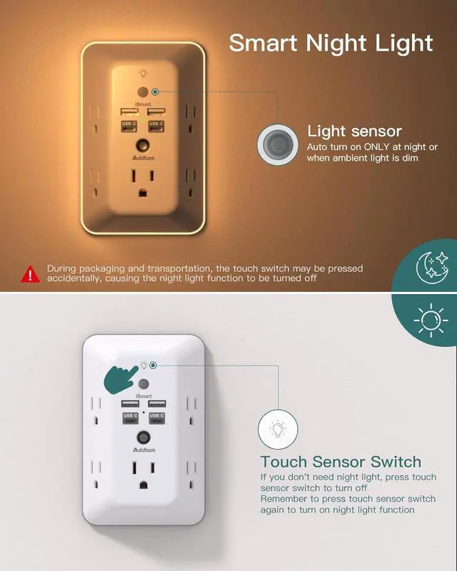 Alt view image 3 of 7 - Surge Protector, Outlet Extender with Night Light, Addtam 5-Outlet Splitter and 4 USB Ports(2 USB C), USB Wall Charger Power Strip, Multi Plug Outlet for Home, Office, School, ETL Listed