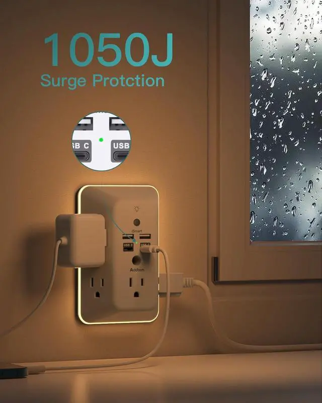 Alt view image 7 of 7 - Surge Protector, Outlet Extender with Night Light, Addtam 5-Outlet Splitter and 4 USB Ports(2 USB C), USB Wall Charger Power Strip, Multi Plug Outlet for Home, Office, School, ETL Listed