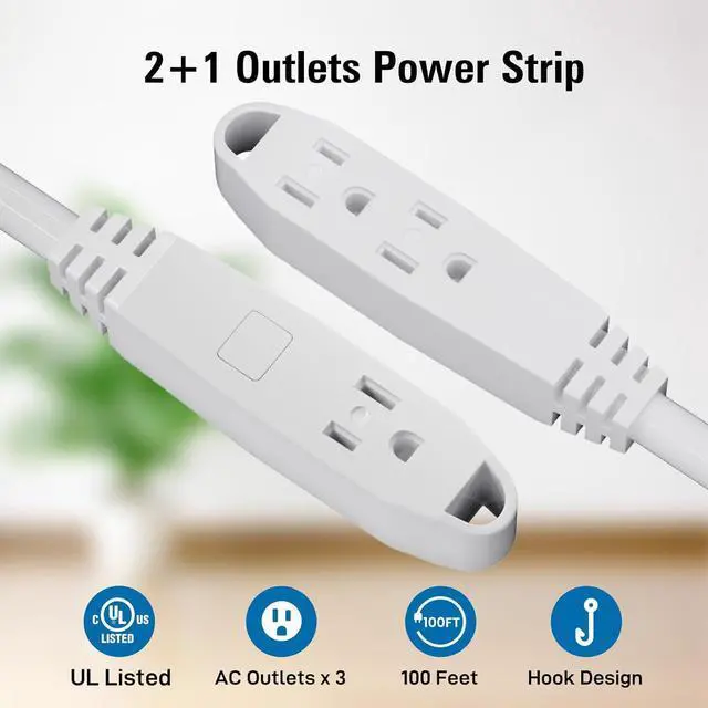 Alt view image 3 of 7 - K KASONIC - 100-Feet 3 Outlet Extension Cord, UL Listed, 16/3 SJTW 3-Wire Grounded, 10 Amp 125 V 1625 Watts, Multi-Outlet Indoor/Outdoor Use, White