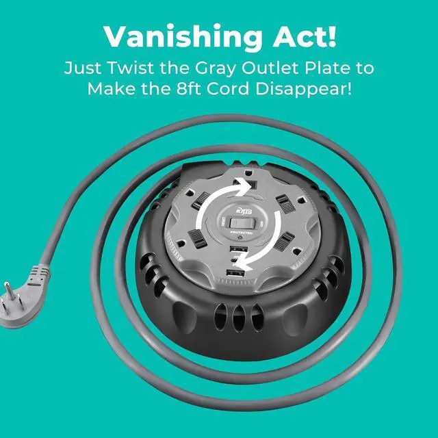 Alt view image 7 of 7 - KMC 5-Outlet USB-C PD Surge Twist Retractable Power Strip Cord Reel, 2 USB-A & 1 USB-C Power Delivery, 735J Surge Protector, 8ft Retractable Extension Cord, 3-Prong Flat Plug, UL/ETL Certified, Gray