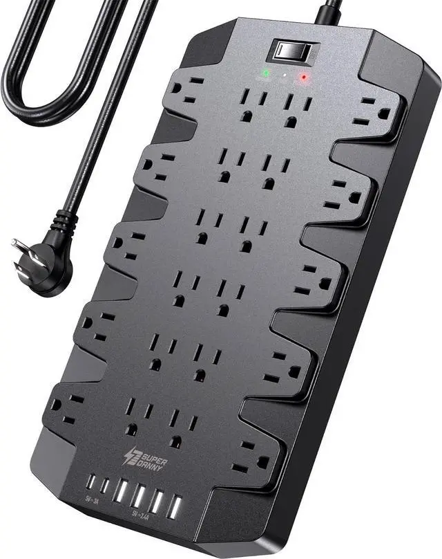 Main image of Power Strip, SUPERDANNY 2100J Surge Protector with 22 Outlets, 2 USB-C and 4 USB-A, 6.5Ft Flat Plug Heavy Duty Extension Cord (1875W/15A), Wall Mountable for Home, Office, Dorm, Gaming Room, Black
