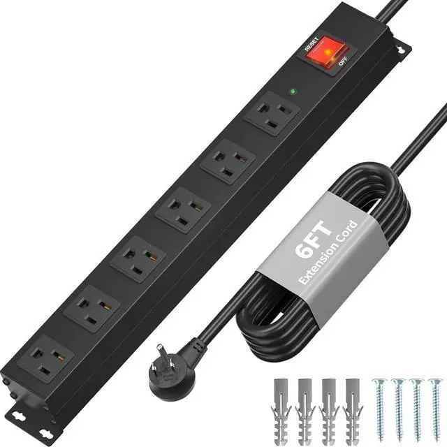 Main image of KF Matel 6 Outlet Power Strip Surge Protection 2100J, Heavy Duty Wide Space Power Strip with Flat Plug, 14AWG 6FT Extension Cord for Home, Garage, Shop