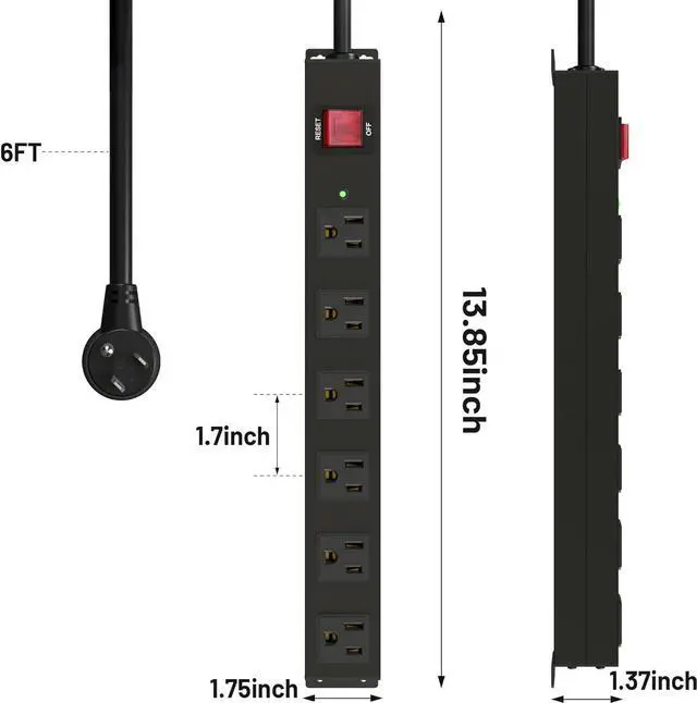 Alt view image 6 of 7 - KF Matel 6 Outlet Power Strip Surge Protection 2100J, Heavy Duty Wide Space Power Strip with Flat Plug, 14AWG 6FT Extension Cord for Home, Garage, Shop
