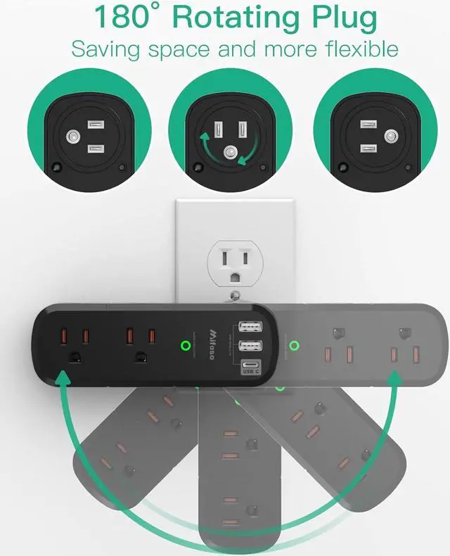 Alt view image 2 of 7 - USB Outlet Extender Surge Protector - with Rotating Plug, 1800 Joules, 6 AC Multi Outlet and 3 USB Ports (1 USB C), 3-Sided Swivel Power Strip with Spaced Splitter for Home, Office, Travel