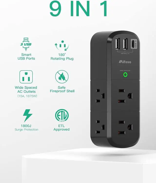 Alt view image 7 of 7 - USB Outlet Extender Surge Protector - with Rotating Plug, 1800 Joules, 6 AC Multi Outlet and 3 USB Ports (1 USB C), 3-Sided Swivel Power Strip with Spaced Splitter for Home, Office, Travel
