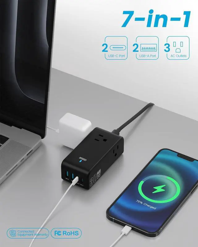 Alt view image 3 of 7 - BSEED Power Strip, 30W 7-in-1 Power Strip with USB C Ports, 5FT Flat Extension Cord with Multiple Outlets(3AC 4USB), Flat Plug Charging Station for iPhone, Cruise Travel, Home, Office, Dorm, Black