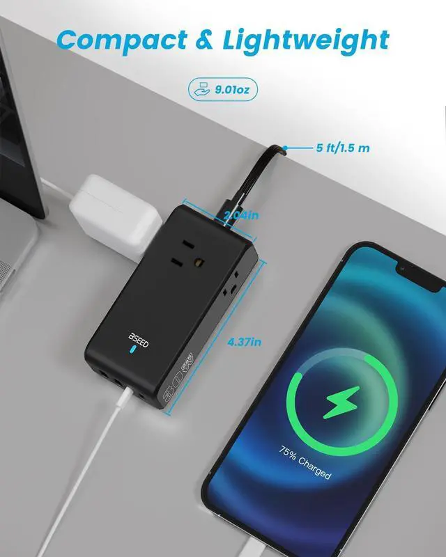 Alt view image 4 of 7 - BSEED Power Strip, 30W 7-in-1 Power Strip with USB C Ports, 5FT Flat Extension Cord with Multiple Outlets(3AC 4USB), Flat Plug Charging Station for iPhone, Cruise Travel, Home, Office, Dorm, Black