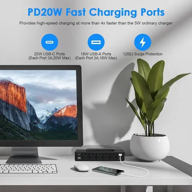 Alt view image 2 of 7 - 40W Under Desk Power Strip Mountable,20W USB-C Fast Charging Flat Plug Power Strip Surge Protector 1200J,9 in 1 Desk Outlet,5 Outlets,2 USB-C,2 USB-A,10FT Extension Cord Black