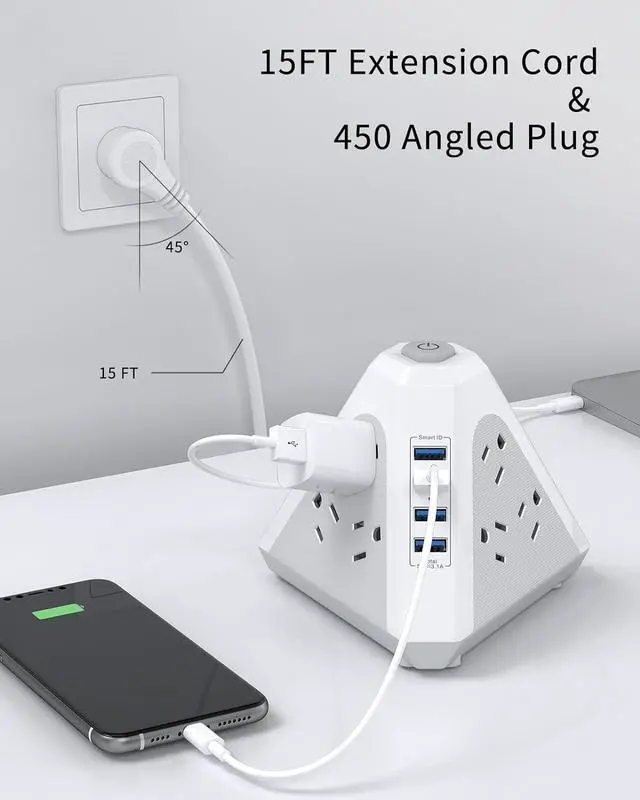 Alt view image 2 of 7 - NVEESHOX Power Strip Surge Protector Tower, 3-Side Triangle Outlet with 9 AC Multiple Outlets 4 USB Ports, 15 FT Long Extension Cord Outlets Tower with Surge Protection Overload Protection for Office