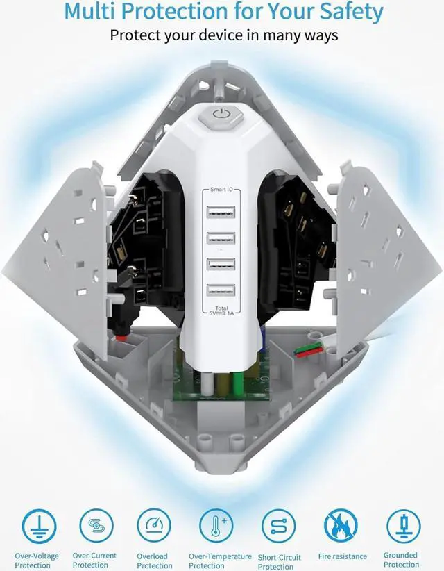 Alt view image 5 of 7 - NVEESHOX Power Strip Surge Protector Tower, 3-Side Triangle Outlet with 9 AC Multiple Outlets 4 USB Ports, 15 FT Long Extension Cord Outlets Tower with Surge Protection Overload Protection for Office
