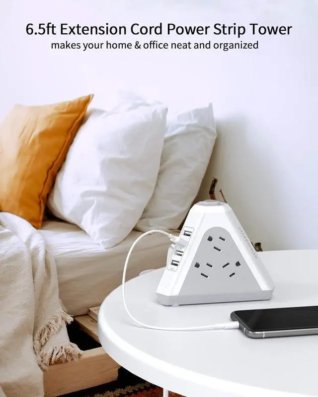 Alt view image 6 of 7 - NVEESHOX Power Strip Surge Protector Tower, 3-Side Triangle Outlet with 9 AC Multiple Outlets 4 USB Ports, 15 FT Long Extension Cord Outlets Tower with Surge Protection Overload Protection for Office