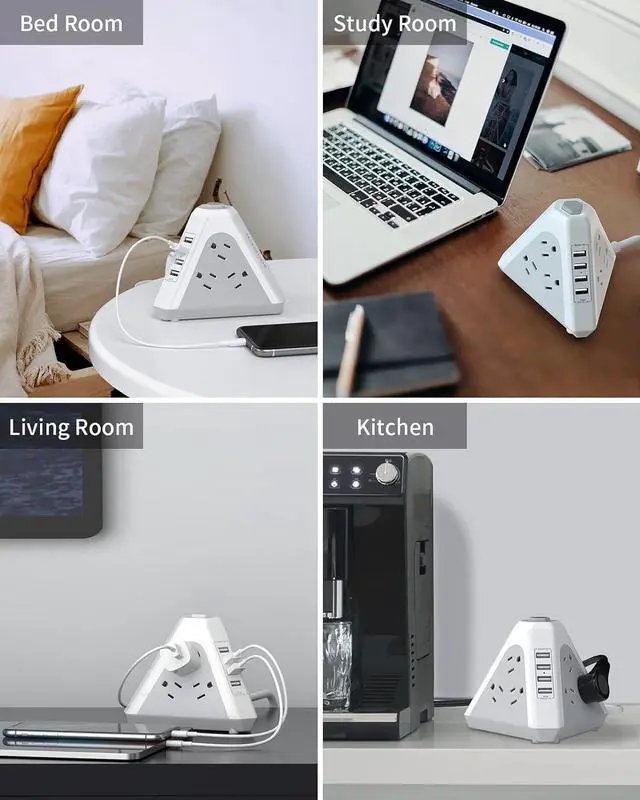 Alt view image 7 of 7 - NVEESHOX Power Strip Surge Protector Tower, 3-Side Triangle Outlet with 9 AC Multiple Outlets 4 USB Ports, 15 FT Long Extension Cord Outlets Tower with Surge Protection Overload Protection for Office