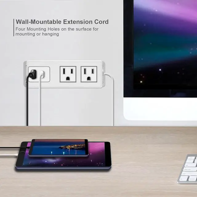 Alt view image 2 of 7 - Multiple Plug Outlet with USB C 20W Wall Mounted Power Strip Under Desk Mountable Extension Cord with PD Type C Flat Plug Power Station for Home Workshop Dorm Travel White