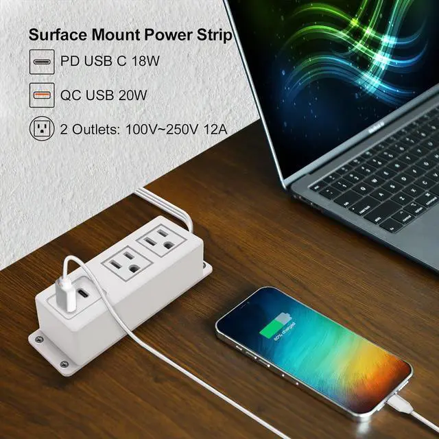 Alt view image 3 of 7 - Multiple Plug Outlet with USB C 20W Wall Mounted Power Strip Under Desk Mountable Extension Cord with PD Type C Flat Plug Power Station for Home Workshop Dorm Travel White