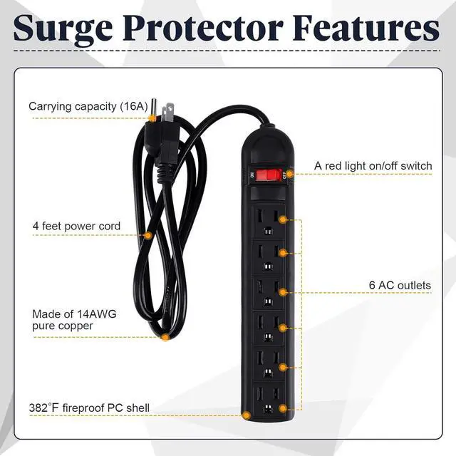 Alt view image 2 of 7 - 15 Pack 6 Outlet Power Strip Surge Protector Flat Plug Surge Protector Power Strip Wall Mount Overload Surge Protection for Home Office (Black,4 ft)