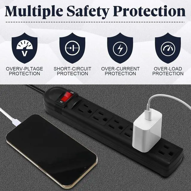 Alt view image 3 of 7 - 15 Pack 6 Outlet Power Strip Surge Protector Flat Plug Surge Protector Power Strip Wall Mount Overload Surge Protection for Home Office (Black,4 ft)