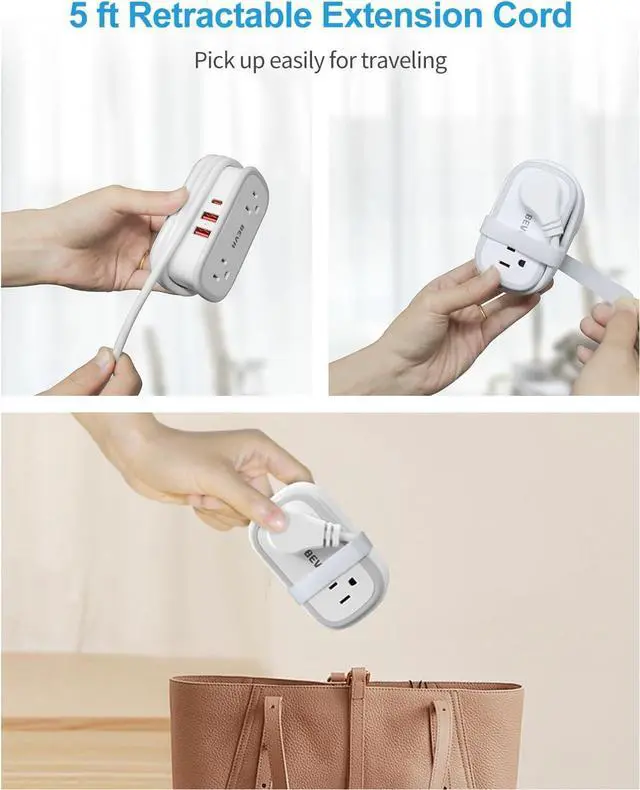 Alt view image 4 of 7 - BEVA Travel Power Strip, Flat Plug Power Strip with Retractable USB C Cable, 5 FT Short Extension Cord with 2 AC Outlets 3 USB Ports(1 USB C), Small Portable Travel Accessories, Cruise Ship Essentials