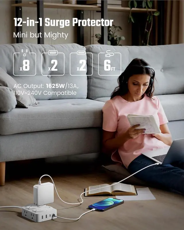 Alt view image 2 of 7 - 35W Fast Charging SUPERDANNY 4-Outlet 4-USB Power Strip with 20W C Port Fast Charge6FT Extension Cord, Surge Protector 1080J, Overload Switch, Mountable, for Home, Office, School, Dorm - White