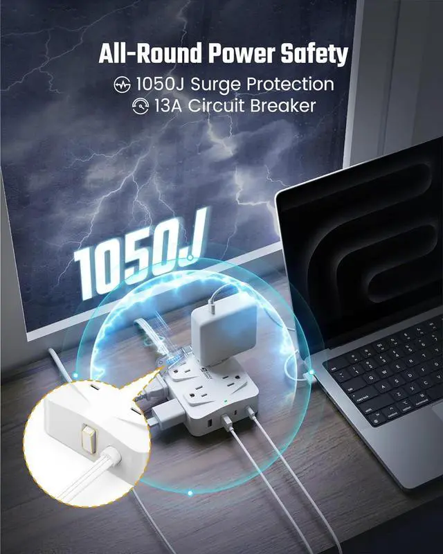 Alt view image 4 of 7 - 35W Fast Charging SUPERDANNY 4-Outlet 4-USB Power Strip with 20W C Port Fast Charge6FT Extension Cord, Surge Protector 1080J, Overload Switch, Mountable, for Home, Office, School, Dorm - White