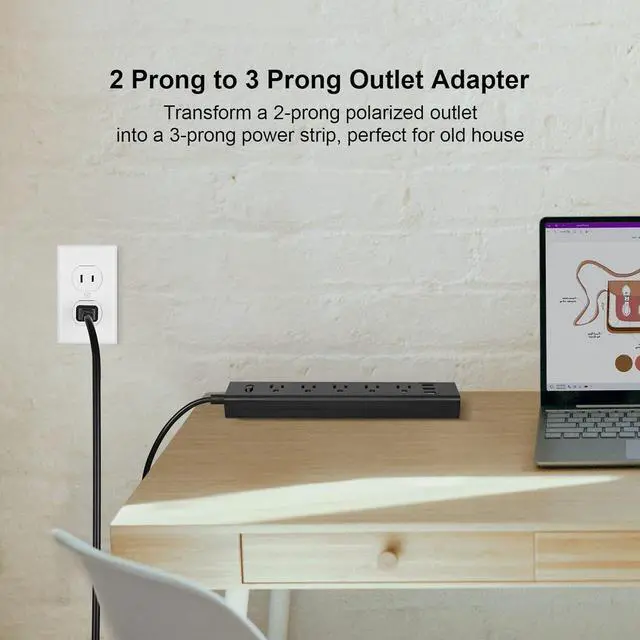 Alt view image 3 of 7 - 2 Prong Power Strip, 10FT Long Extension Cord Surge Protector, 5 Outlets and 3 USB, 13A/1625W, Polarized Two Prong to Three Prong Outlet Adapter Converter, Wall Mount, Black