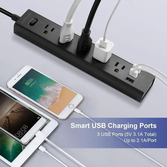 Alt view image 4 of 7 - 2 Prong Power Strip, 10FT Long Extension Cord Surge Protector, 5 Outlets and 3 USB, 13A/1625W, Polarized Two Prong to Three Prong Outlet Adapter Converter, Wall Mount, Black
