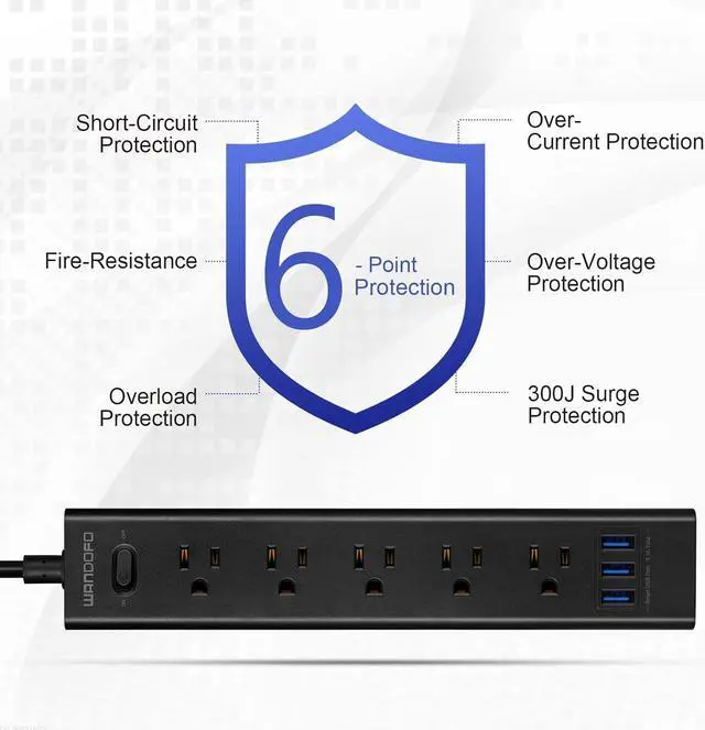 Alt view image 6 of 7 - 2 Prong Power Strip, 10FT Long Extension Cord Surge Protector, 5 Outlets and 3 USB, 13A/1625W, Polarized Two Prong to Three Prong Outlet Adapter Converter, Wall Mount, Black