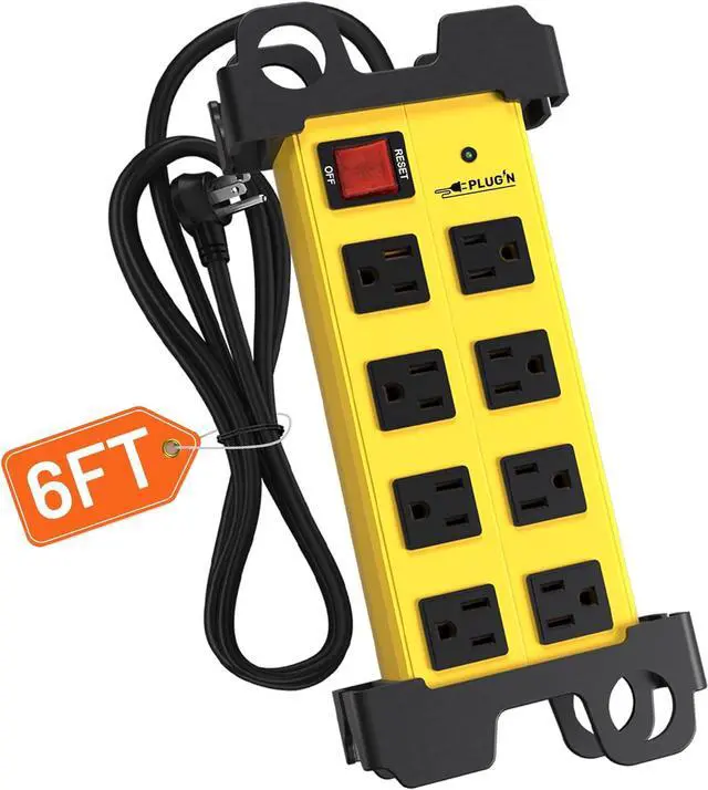 Main image of Plug'n 8 Outlet Heavy Duty Power Strip,Wide Spacing,Workshop Surge Protector 2700J with 6FT Extension Cord,Industrial Metal Power Strip 15Amp,Yellow Wall Mount Power for Garage,Office
