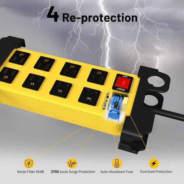 Alt view image 3 of 7 - Plug'n 8 Outlet Heavy Duty Power Strip,Wide Spacing,Workshop Surge Protector 2700J with 6FT Extension Cord,Industrial Metal Power Strip 15Amp,Yellow Wall Mount Power for Garage,Office