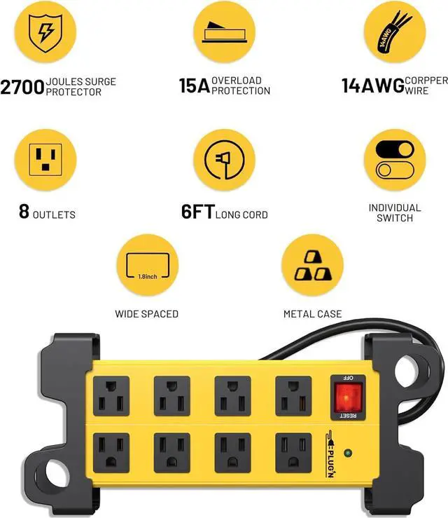 Alt view image 4 of 7 - Plug'n 8 Outlet Heavy Duty Power Strip,Wide Spacing,Workshop Surge Protector 2700J with 6FT Extension Cord,Industrial Metal Power Strip 15Amp,Yellow Wall Mount Power for Garage,Office